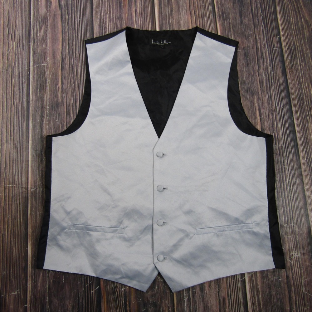 Suit Vest Nicole Miller Mens L Gray Black Polyester Tuxedo Belted Formal Wedding